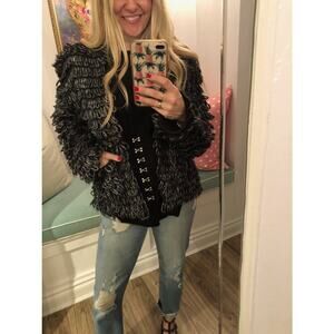 The Great Monster Loop Cardigan Women 00 Metallic Gray Open Front Cozy Boho Chic